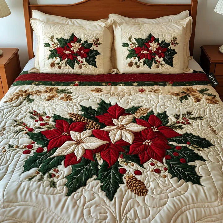 3-Piece Upholstered Bed Set - Poinsettia Elegance