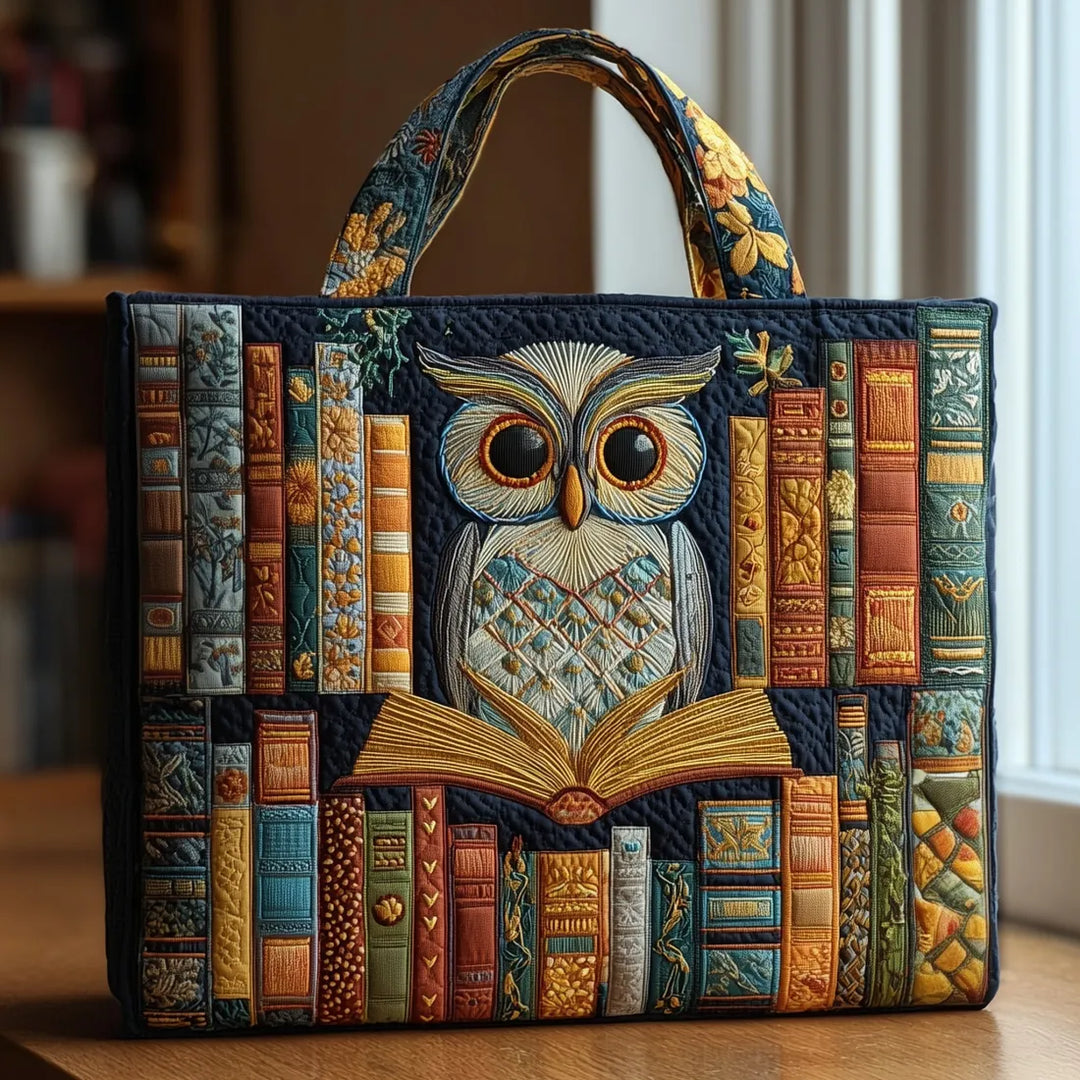 Handcrafted Tote Bag - Owl & Vintage Books Design