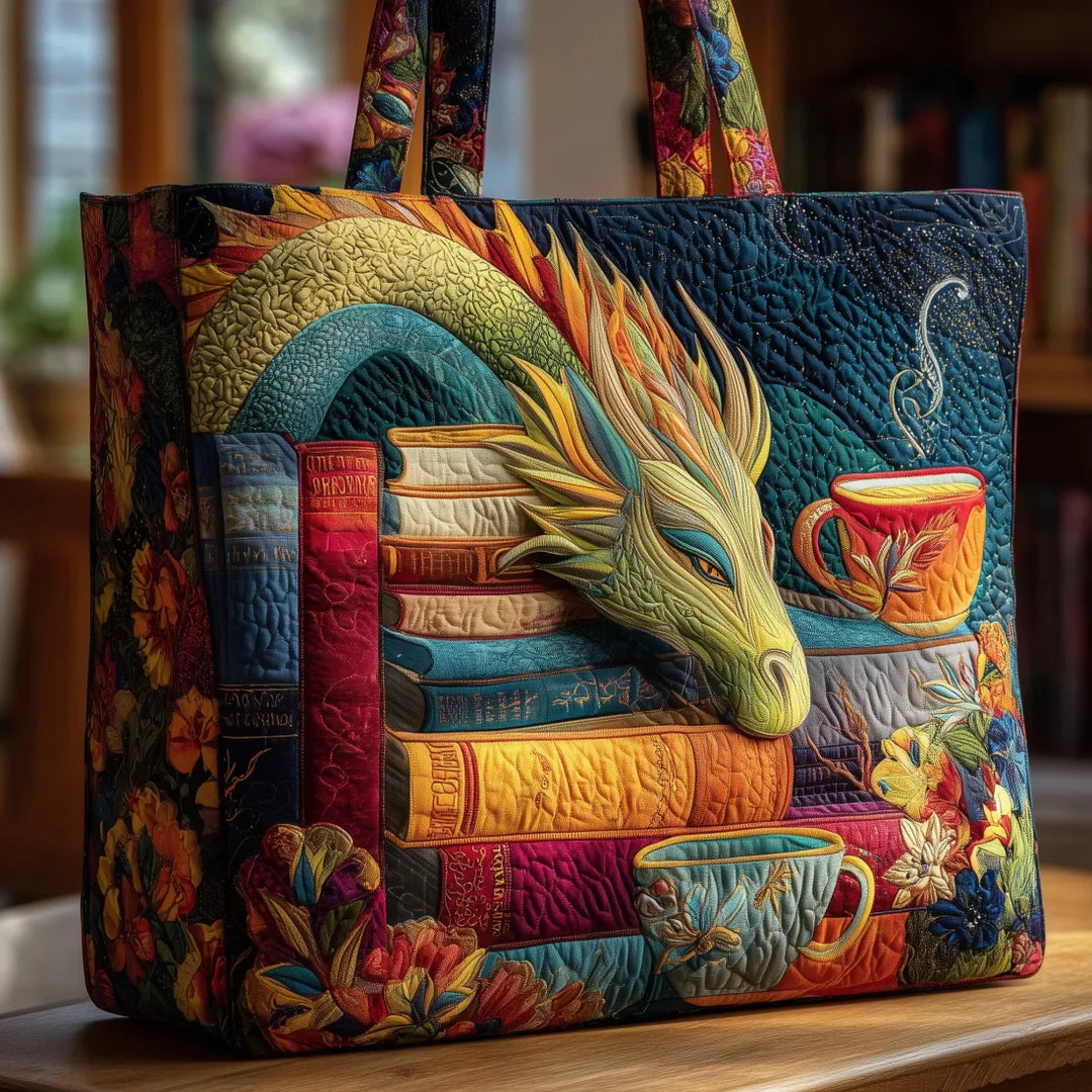 Handcrafted Tote Bag - Dragon Enthusiast with Books and Bags Design