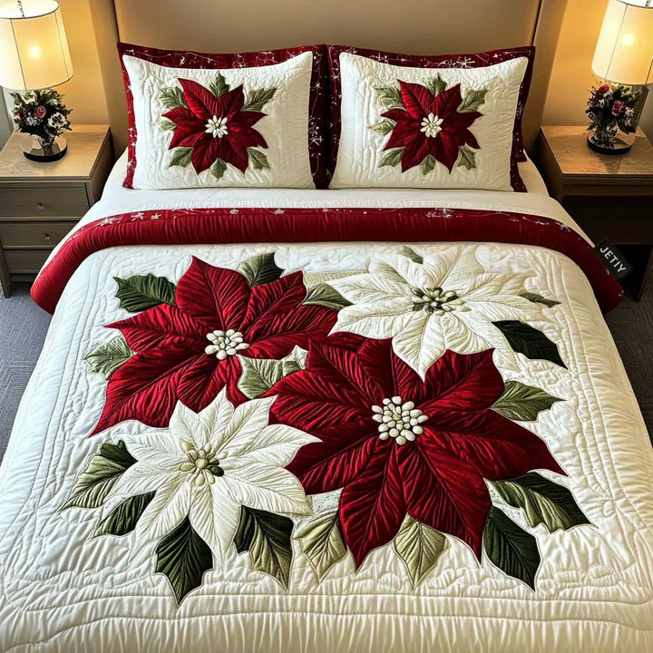 Winter Poinsettias 3-Piece Quilted Duvet Cover Set