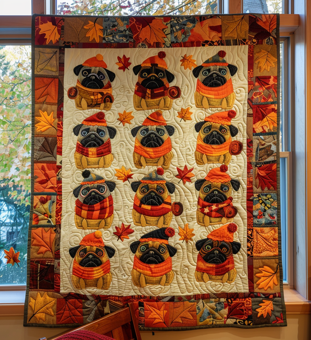 Ingrid - Autumn Atmosphere Quilted Blanket with Pugs Design
