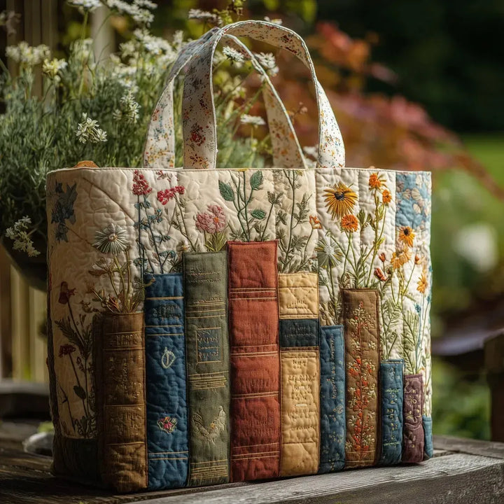 Artisan Quilted Tote - Floral and Literary Design
