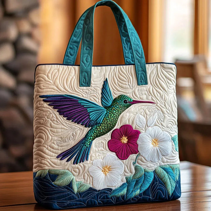 Quilted Tote Bag featuring Hummingbird and White Floral Design