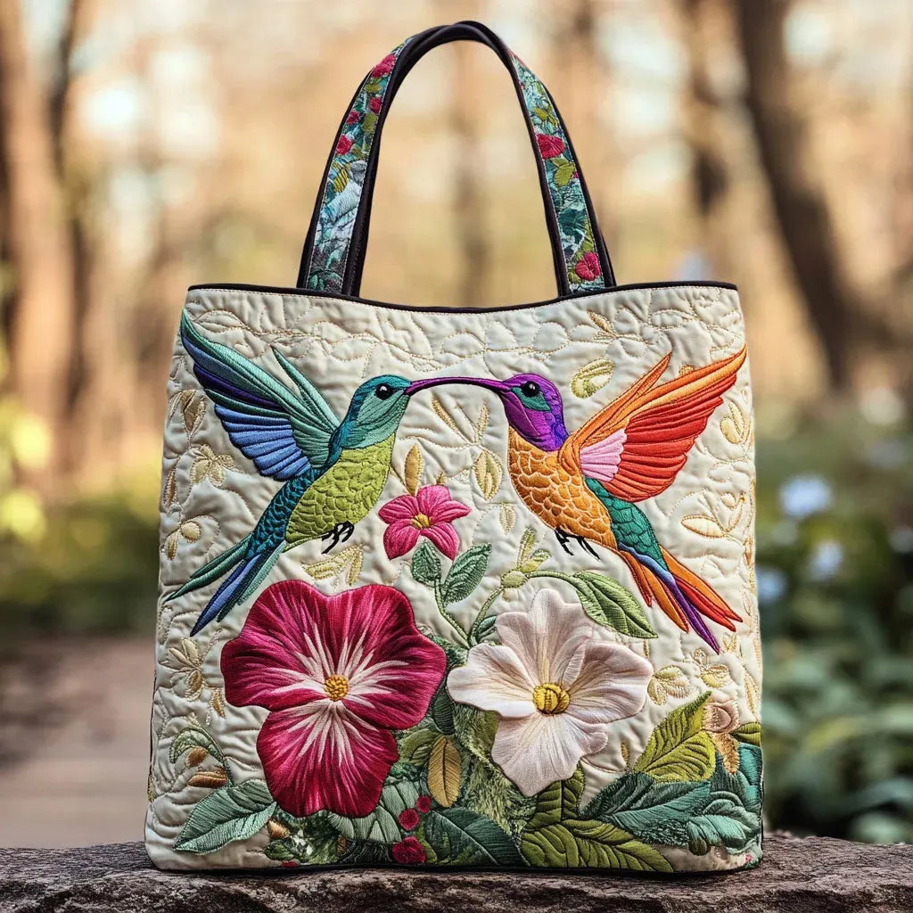 Hummingbird and White Floral Lined Tote Bag