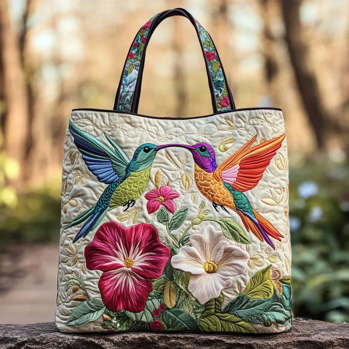 Hummingbird and White Floral Lined Tote Bag