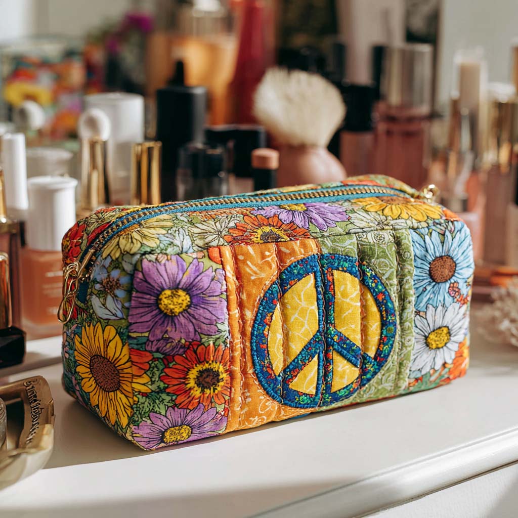 Lara - Embroidered Quilted Toiletry Bag featuring Peace Bus and Floral Design