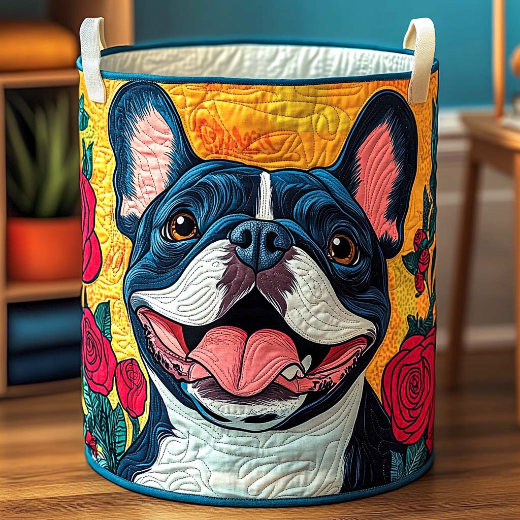 Floral French Bulldog Fabric Laundry Basket - Charming Design