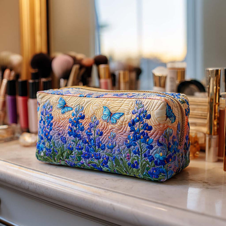Mila - Blue Quilted Toiletry Bag with Elegant Print