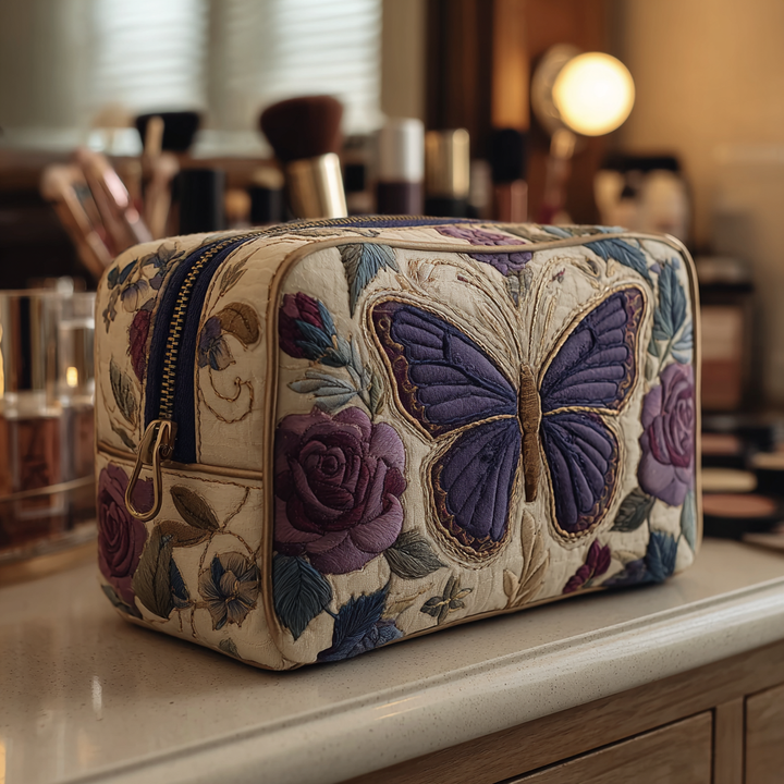Bo - Embroidered Quilted Toiletry Bag with Butterflies and Flowers