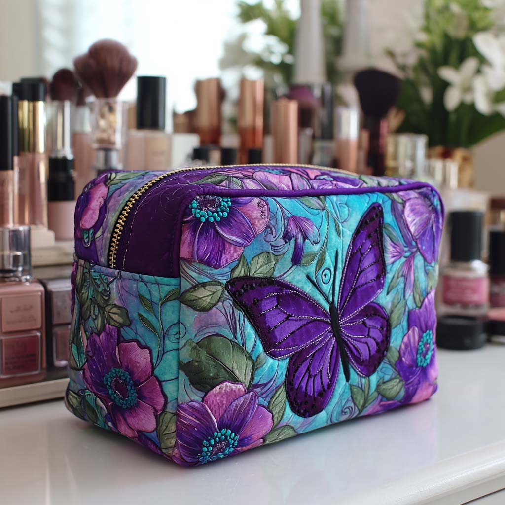 Amber - Embroidered Quilted Toiletry Bag with Butterflies and Flowers