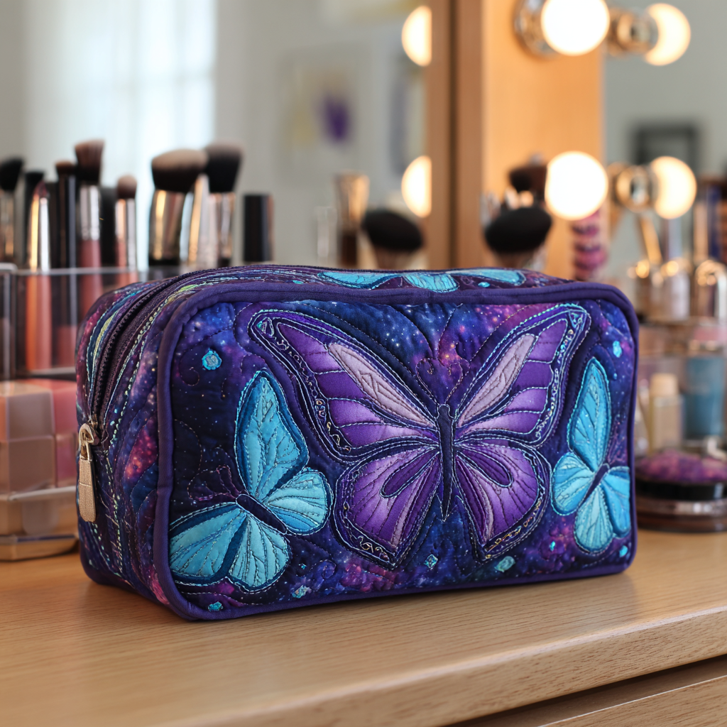 Zoë - Embroidered Butterfly Quilted Toiletry Bag in Grass Green