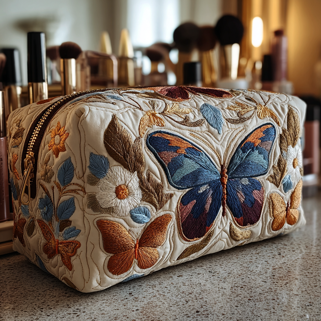 Evi - Elegant Quilted Toiletry Bag with Butterfly Design