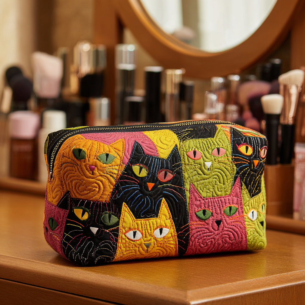 Anna - Cat Pattern Quilted Toiletry Bag in Garden Design