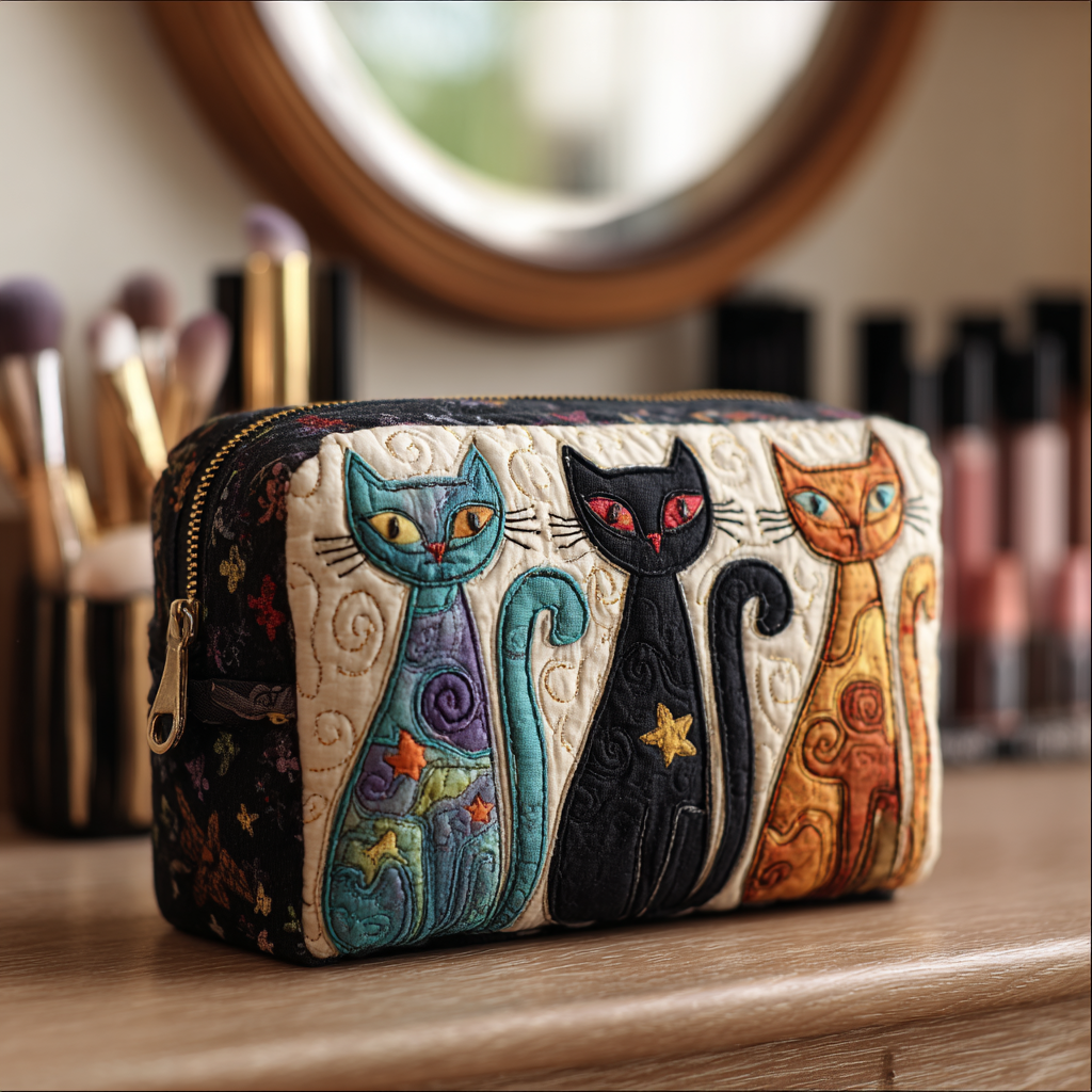 Tess - Glow-in-the-Dark Quilted Toiletry Bag with Adorable Kitten Design