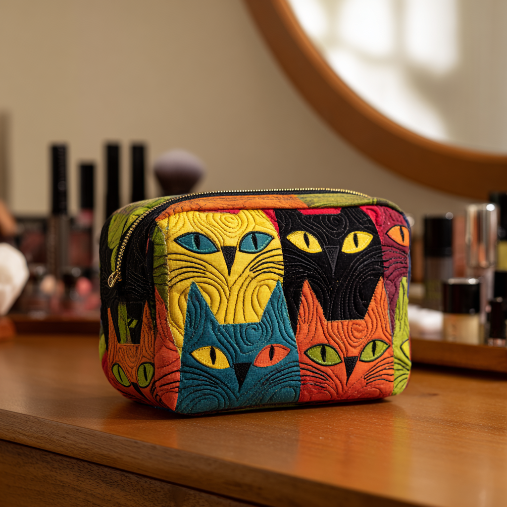 Noor - Embroidered Magical Cat Quilted Toiletry Bag