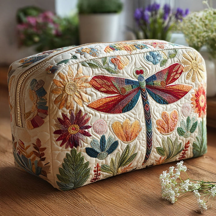 Fleur Sky Blue Quilted Toiletry Bag with Dragonfly Design