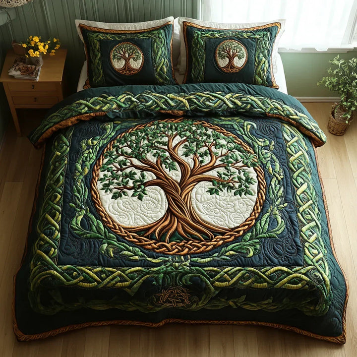 3-Piece Quilted Duvet Cover Set - Tree of Life Design
