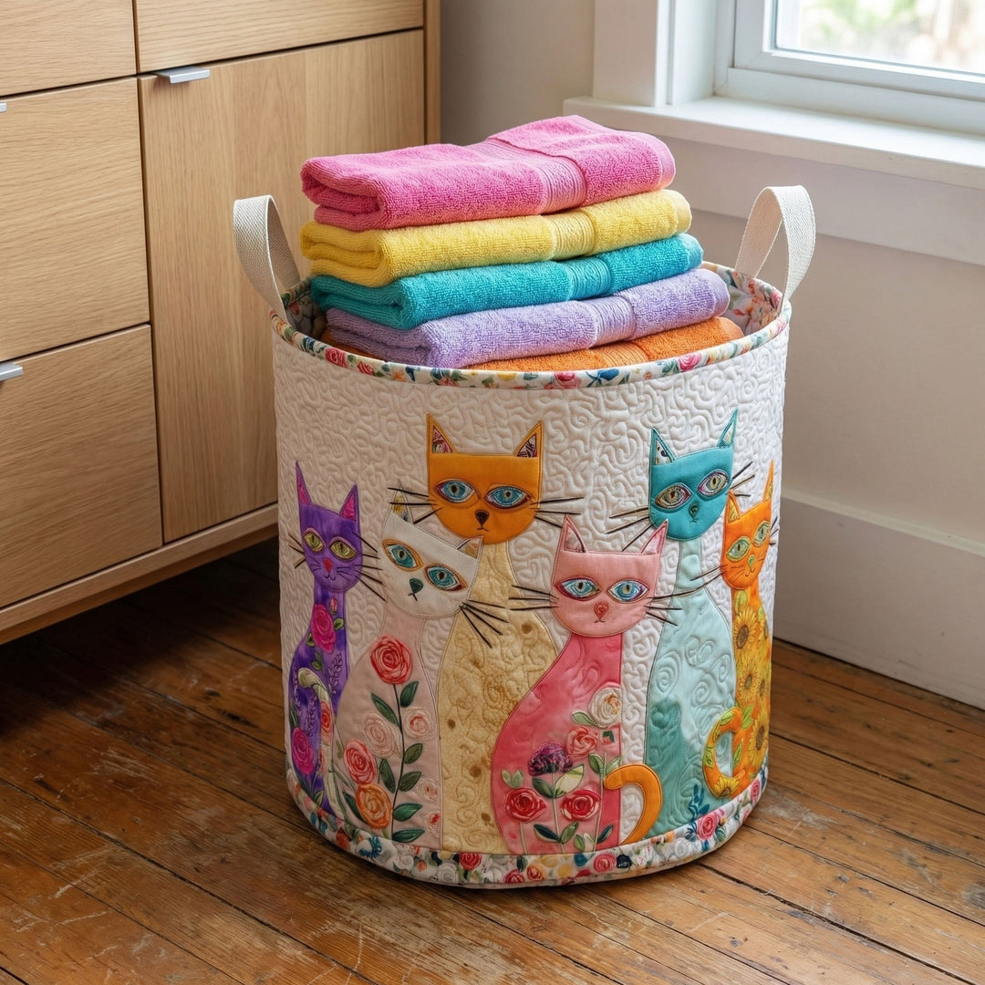 Cheerful Cat Patch Padded Laundry Basket