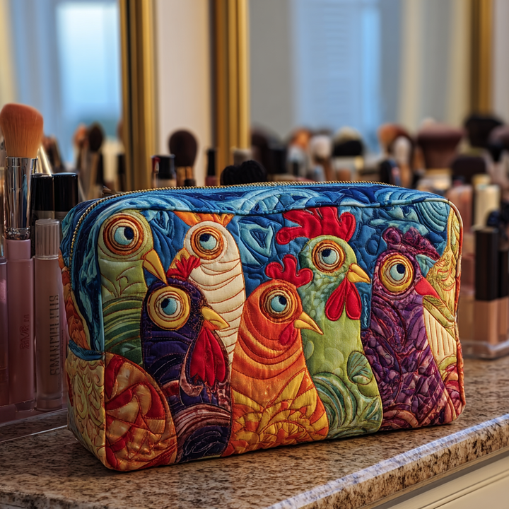 Eline - Embroidered Garden Chickens Quilted Toiletry Bag