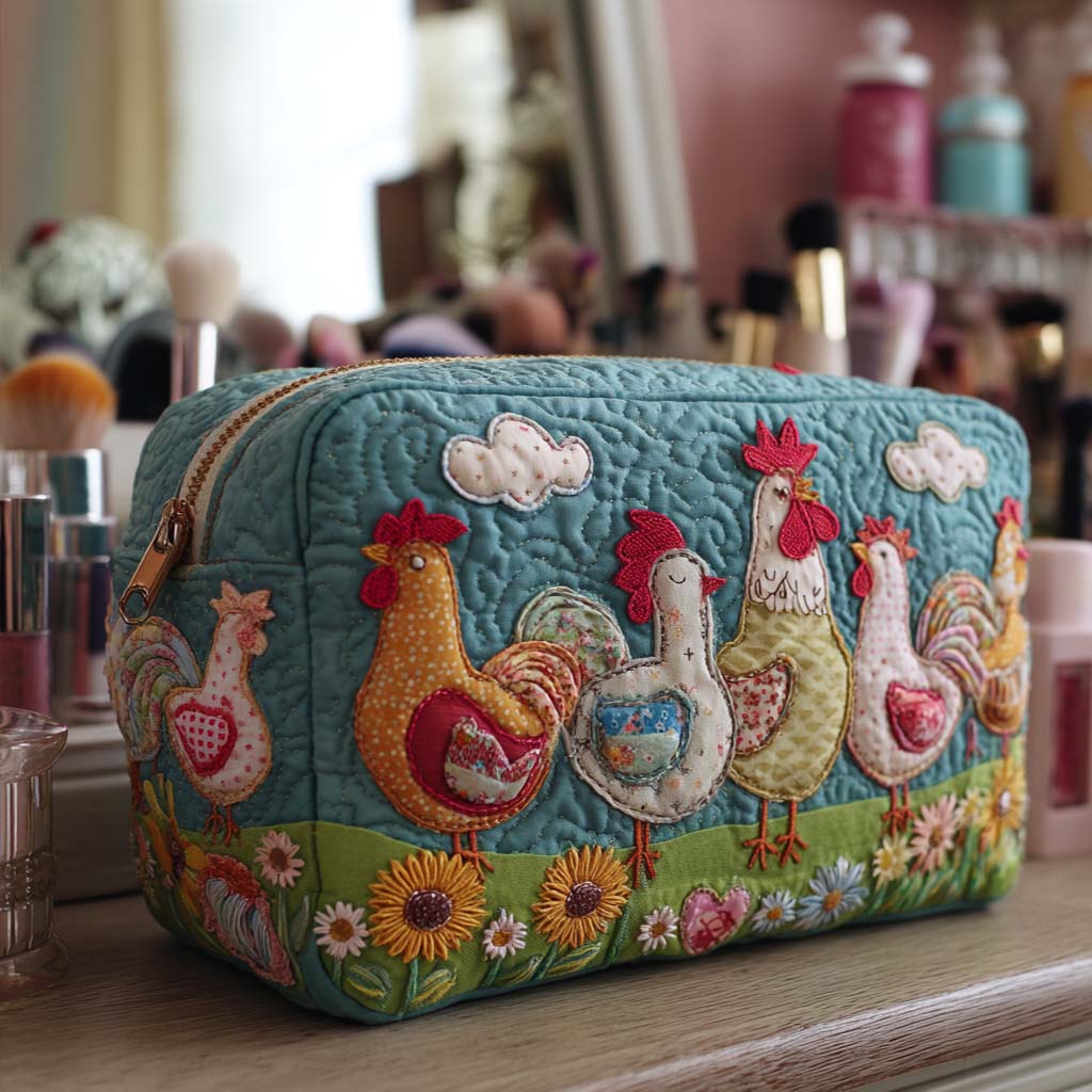 Emma - Embroidered Garden Chickens Quilted Toiletry Bag