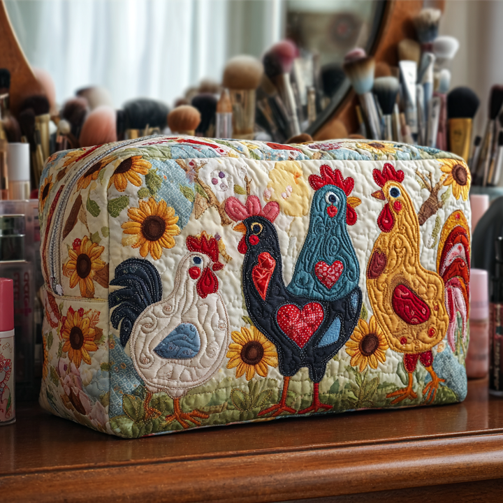 Femke - Quilted Toiletry Bag with Chickens in a Tree Design