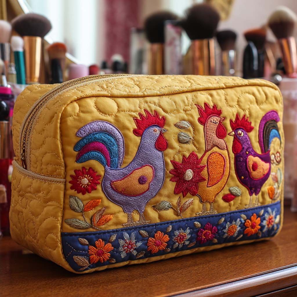 Quilted Toiletry Bag with Embroidered Chickens in a Garden Pouch