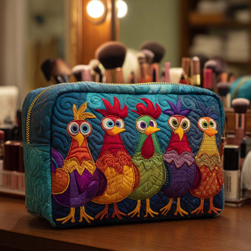 Anouk - Quilted Toiletry Bag Featuring Chicken and Heart Design