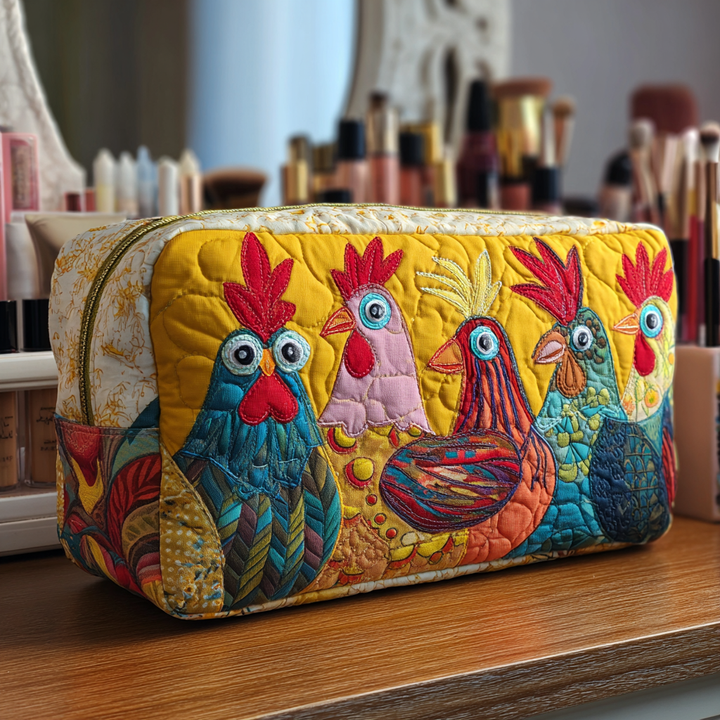 Wobbina - Embroidered Quilted Toiletry Bag with Chickens in Grass Design