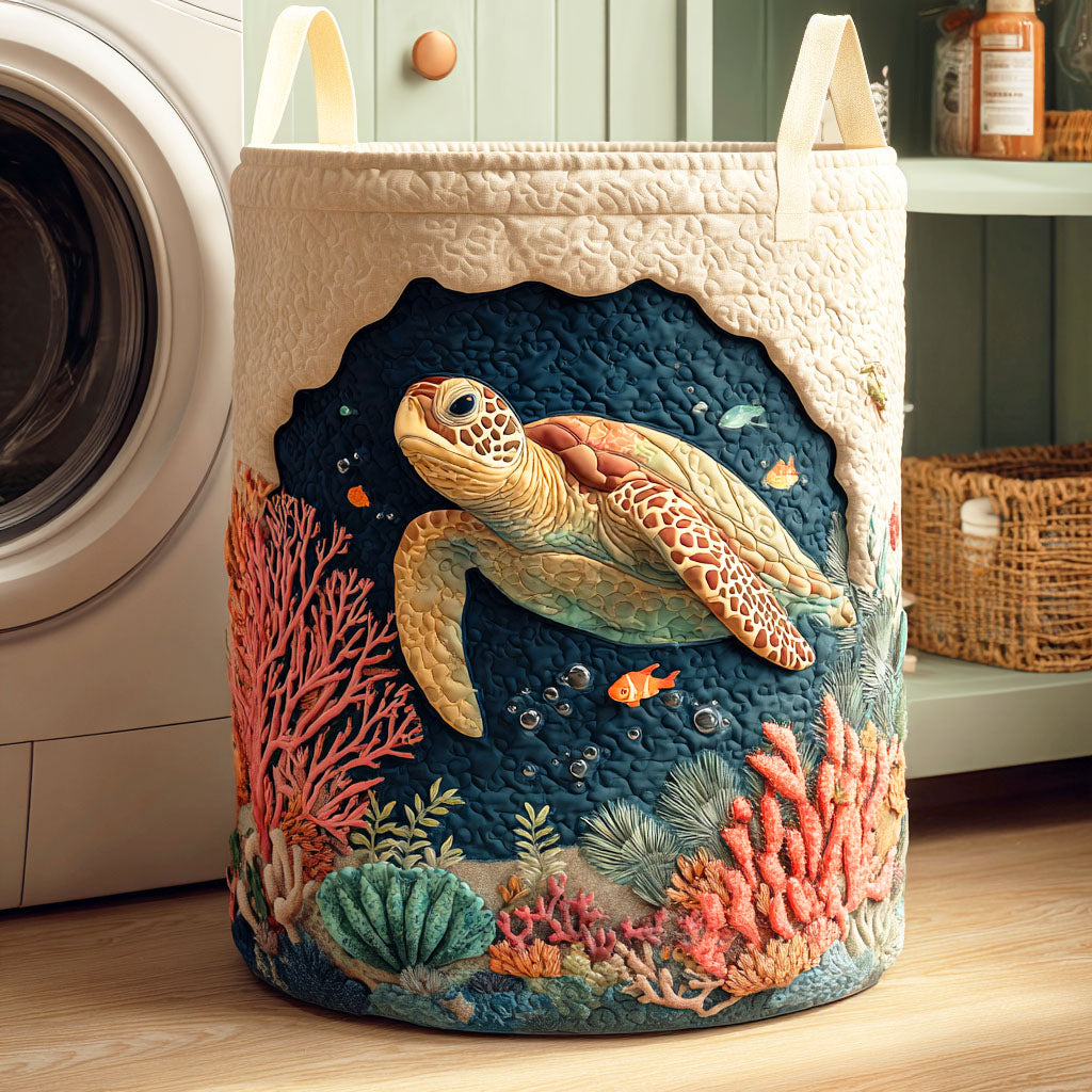 Coral Turtle Upholstered Laundry Basket