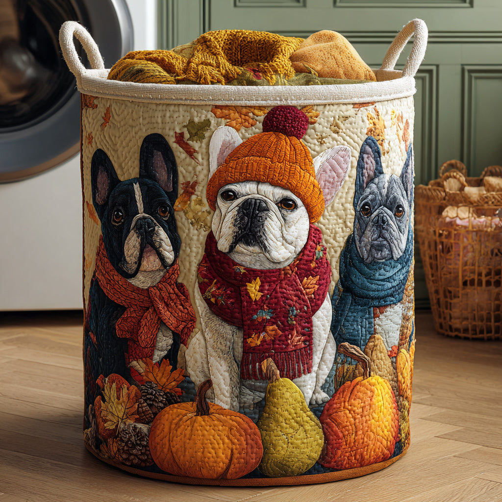 Quilted Laundry Basket Featuring Three Adorable Bulldogs