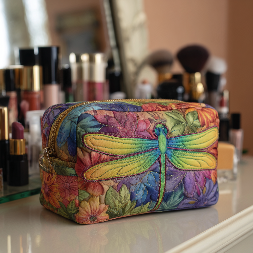 Quirien - Dragonfly Print Quilted Toiletry Bag in Grass Green
