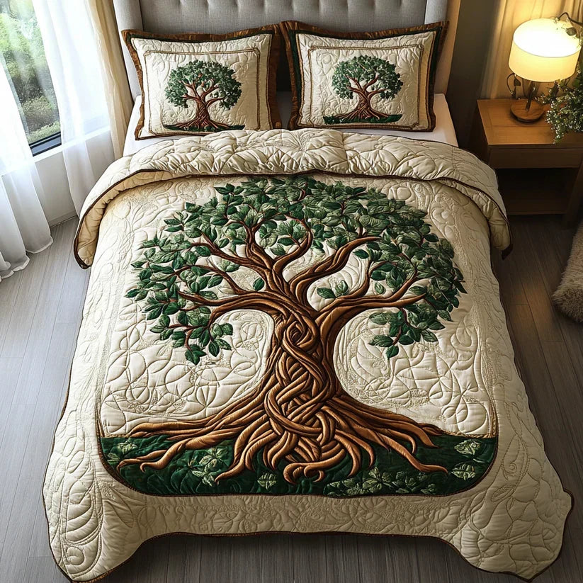3-Piece Quilted Duvet Cover Set - Tree of Life Design