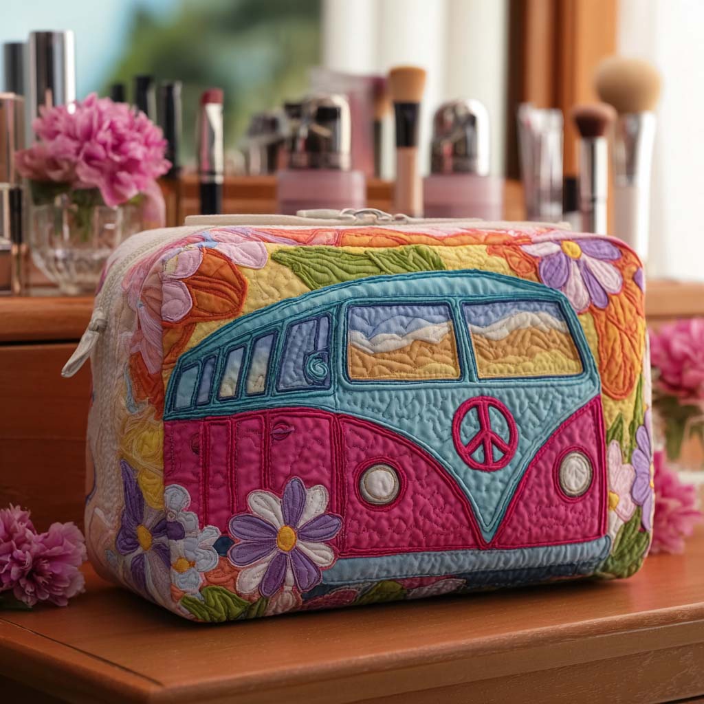 Hanneke - Embroidered Flower Basket Quilted Toiletry Bag