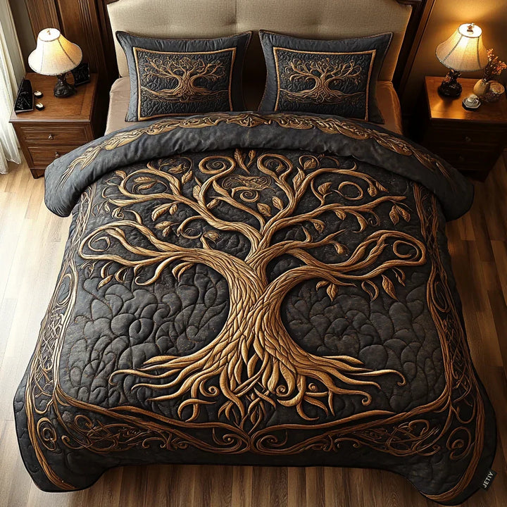 3-Piece Quilted Duvet Cover Set - Tree of Life Design