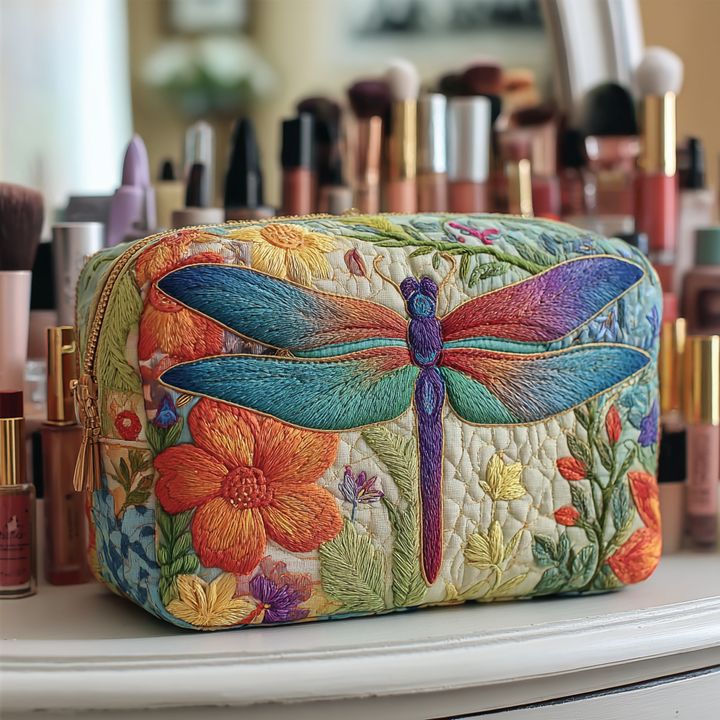Lisa - Elegant Quilted Toiletry Bag Featuring a Golden Dragonfly