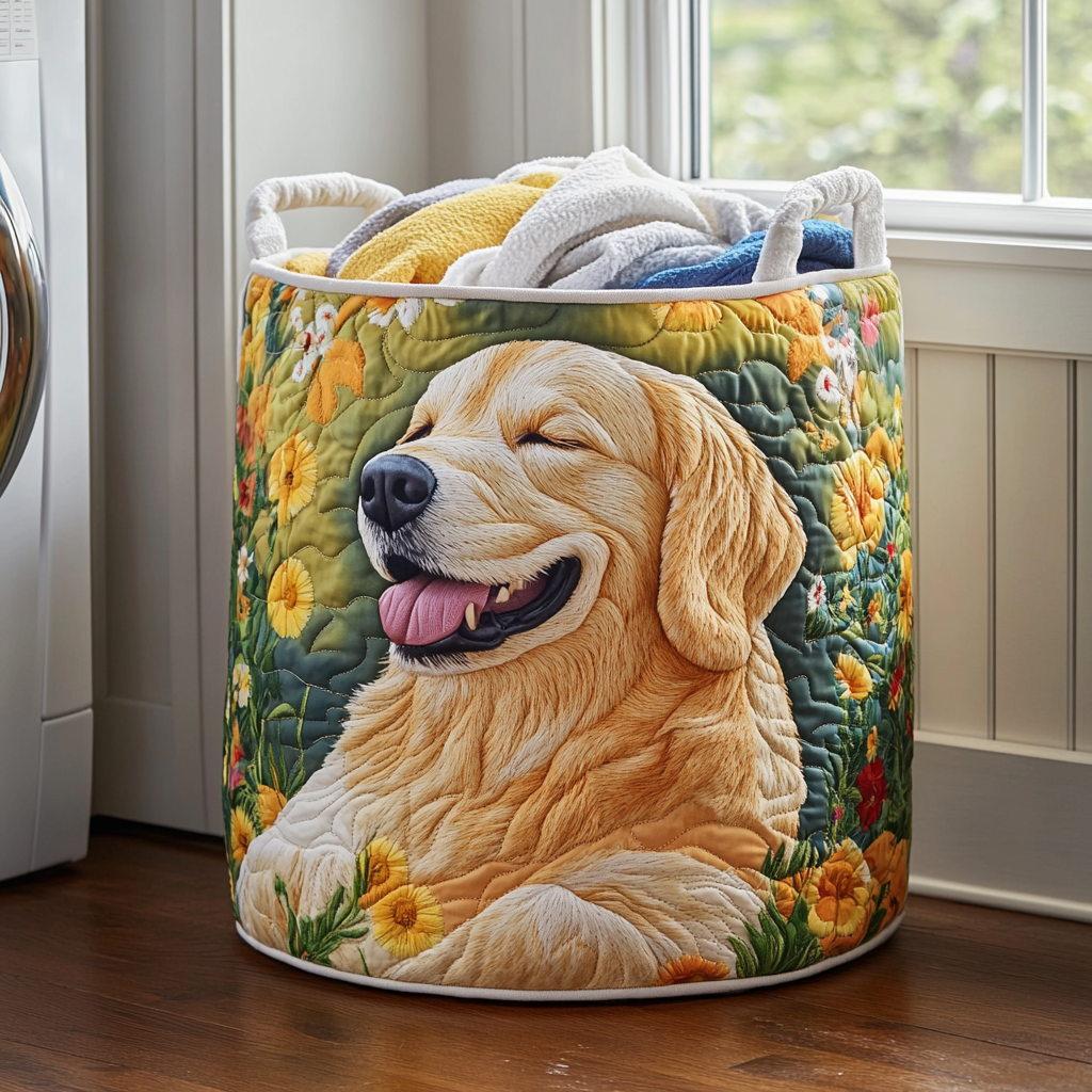 Floral Pattern Padded Laundry Basket featuring Golden Retrievers