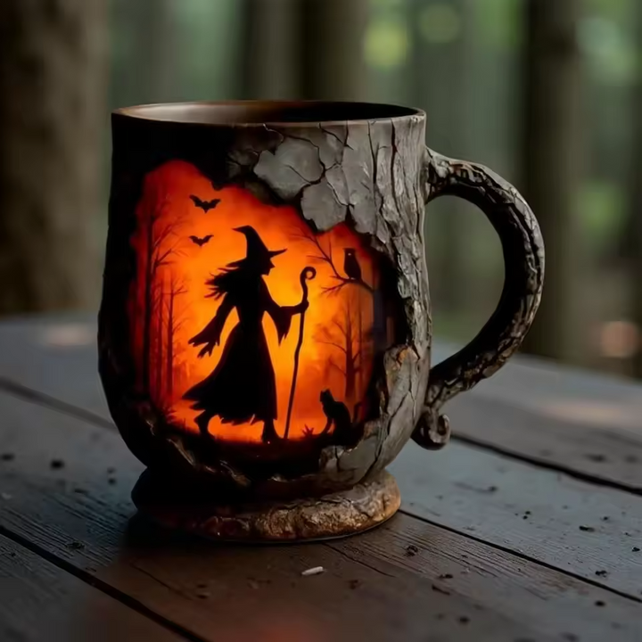 Handcrafted 3D Halloween Mug Featuring Wizard and Cat Design