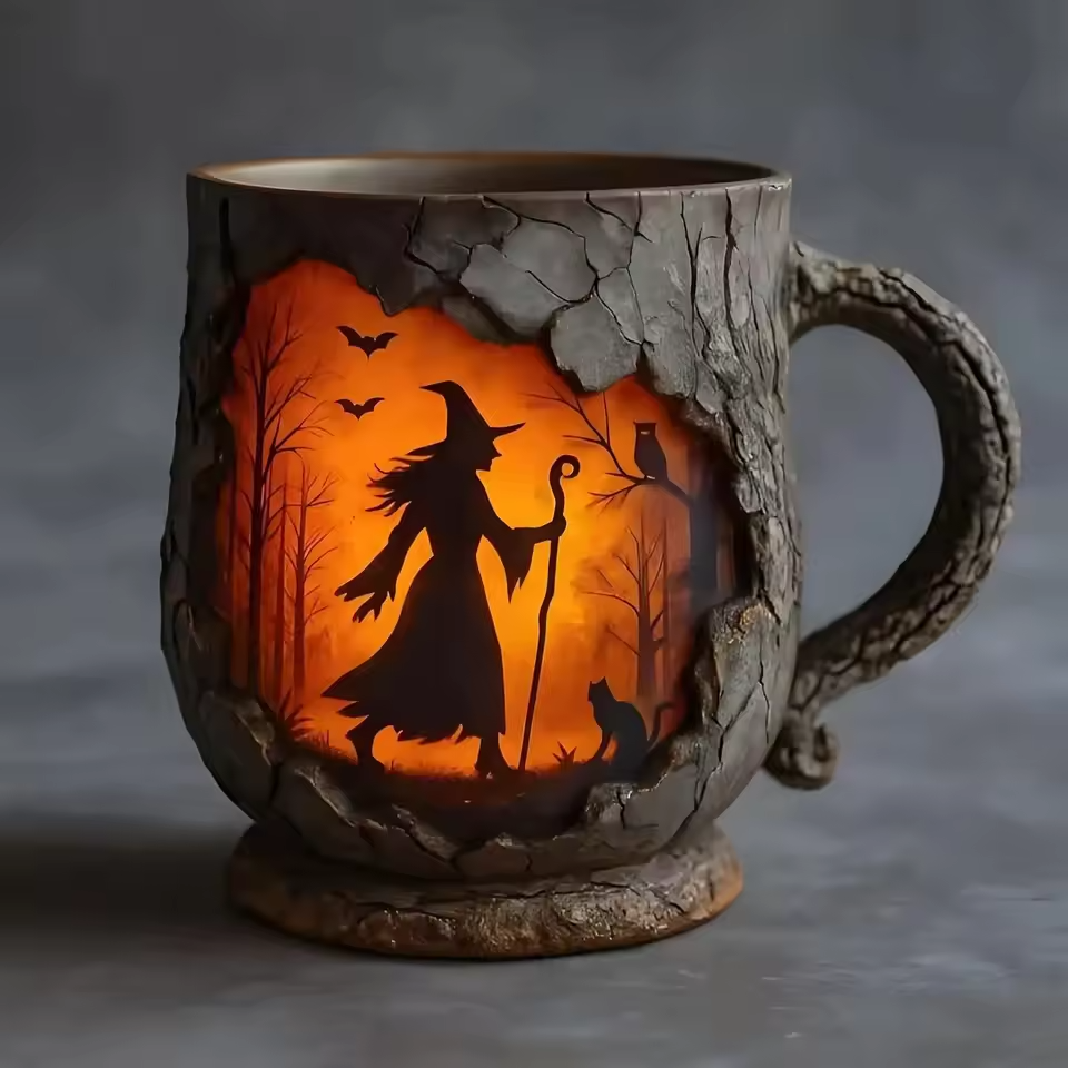 Handcrafted 3D Halloween Mug Featuring Wizard and Cat Design