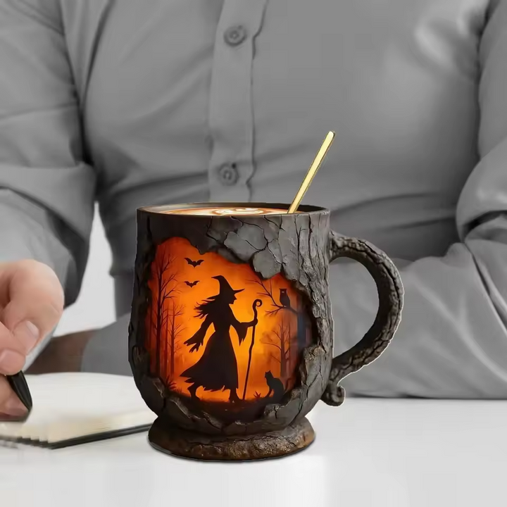 Handcrafted 3D Halloween Mug Featuring Wizard and Cat Design