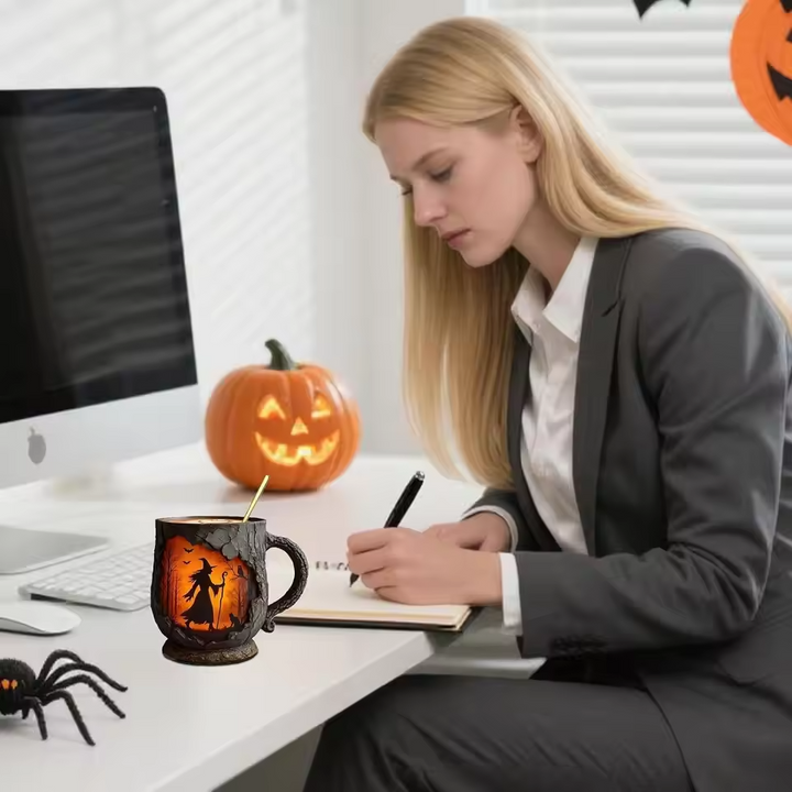 Handcrafted 3D Halloween Mug Featuring Wizard and Cat Design