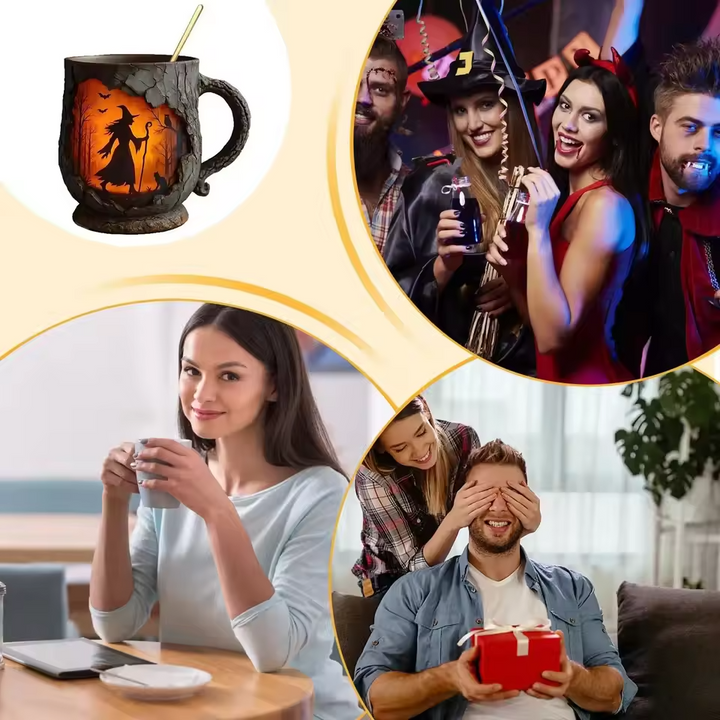 Handcrafted 3D Halloween Mug Featuring Wizard and Cat Design
