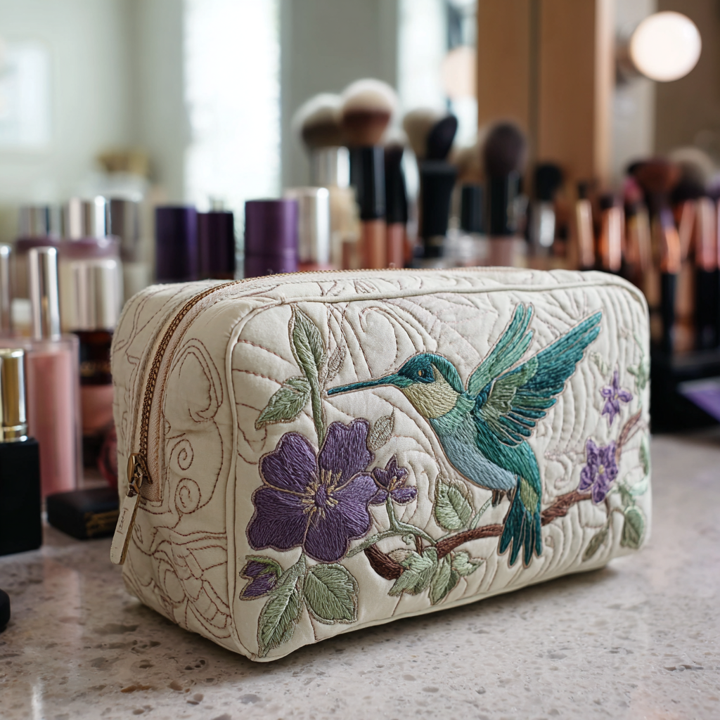 Nathalie - Hummingbird and Floral Quilted Toiletry Bag