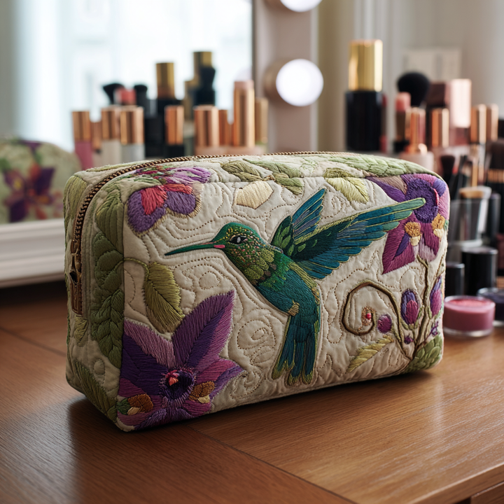 Angela - Embroidered Hummingbird Garden Quilted Toiletry Bag