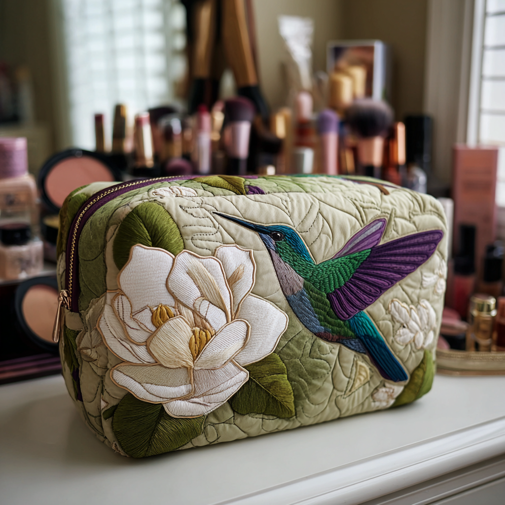 Priscilla - Hummingbird-Patterned Quilted Toiletry Bag in Grass Green