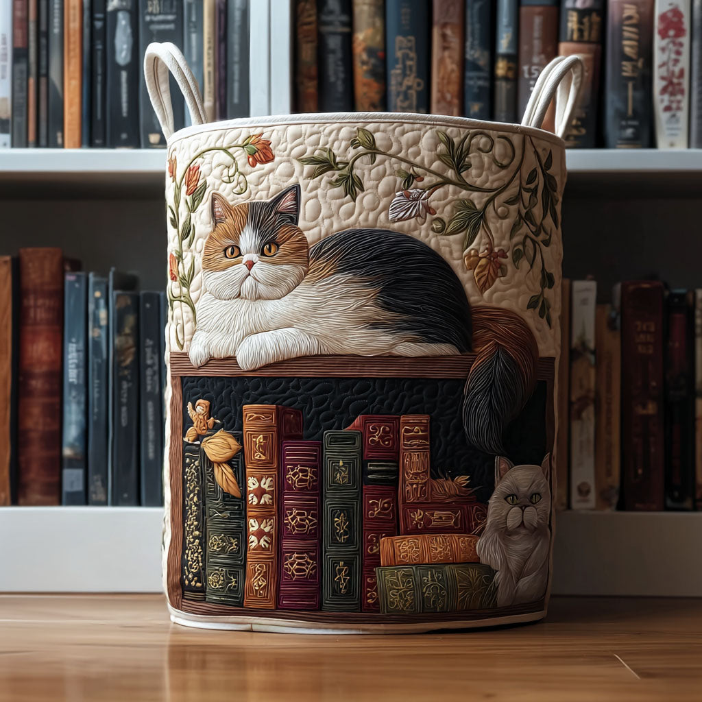 Cat Library Quilted Laundry Basket
