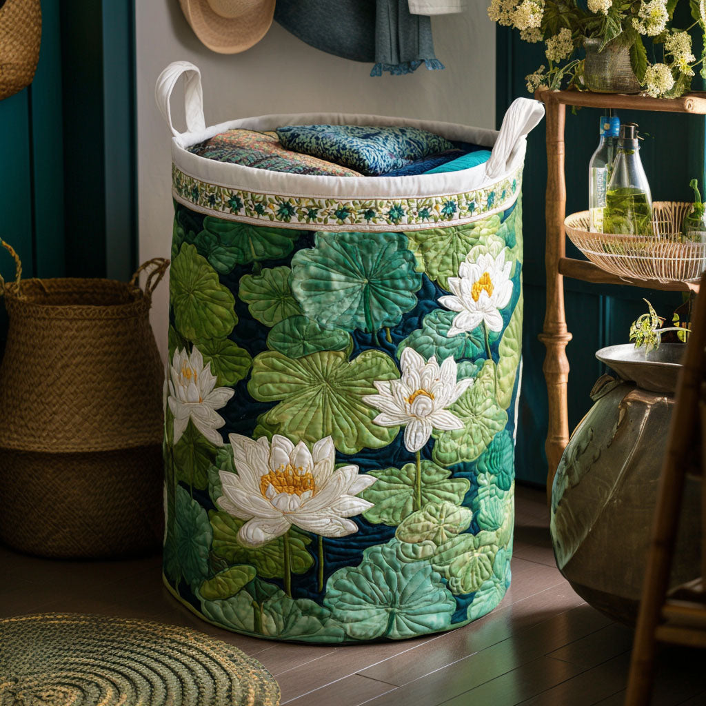 Quilted Laundry Basket - Serene Pond Inspiration with Water Lilies