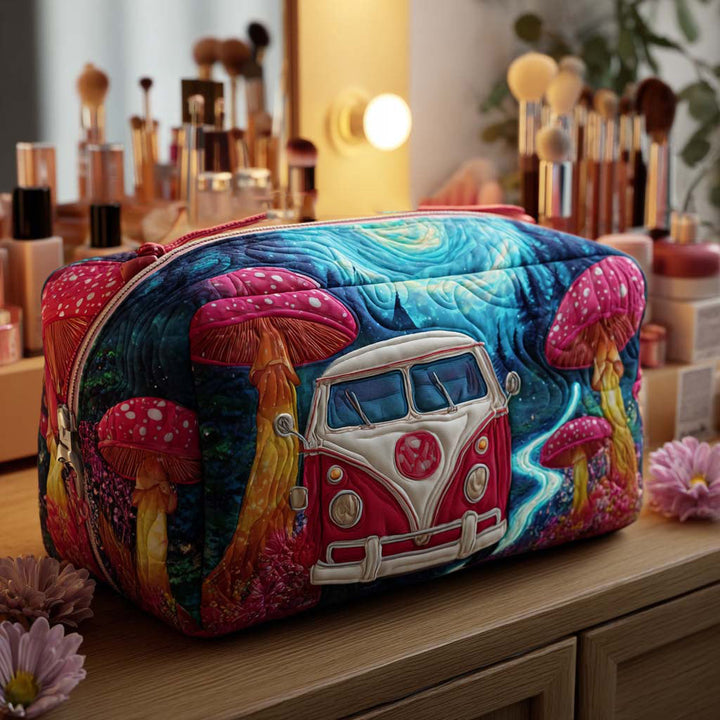 Wietske - Quilted Toiletry Bag with Van and Colorful Mushroom Design