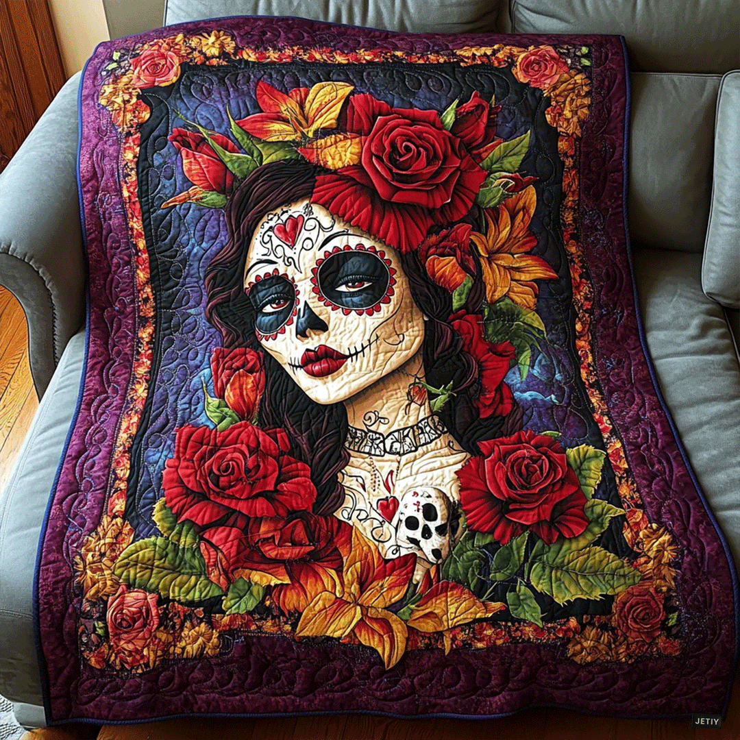 Wilma - Mystical Quilted Blanket with Skull and Flower Design