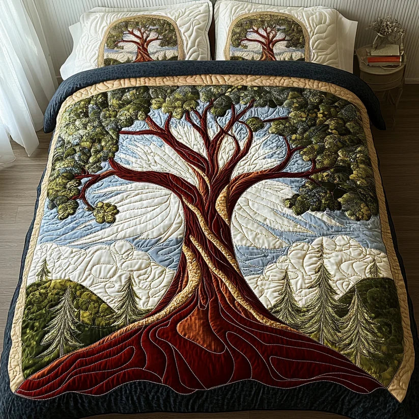 3-Piece Quilted Duvet Cover Set - Tree of Life Design