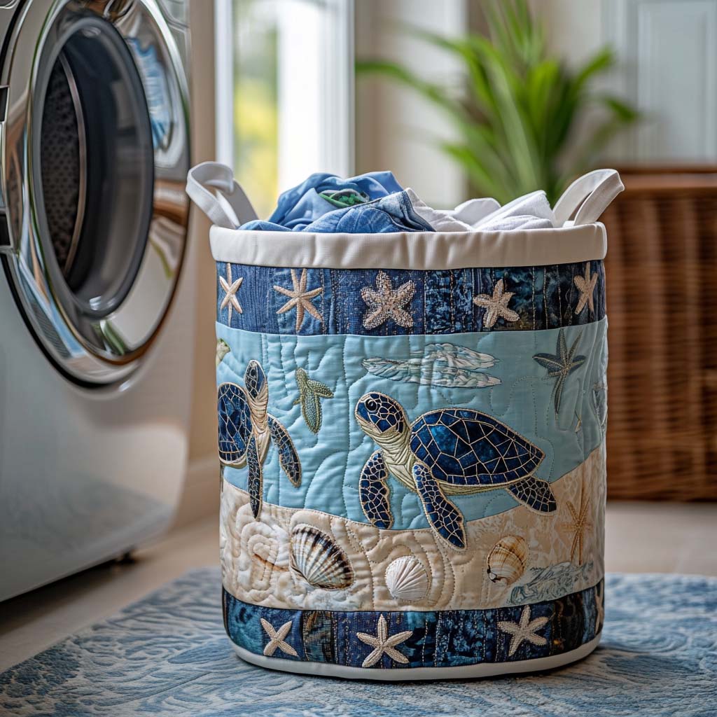 Sea Turtle Design Upholstered Laundry Basket